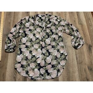 Cals Blouse Women Large Black Orange Green Pineapple 3/4 Sleeve Vneck 1/2 Button